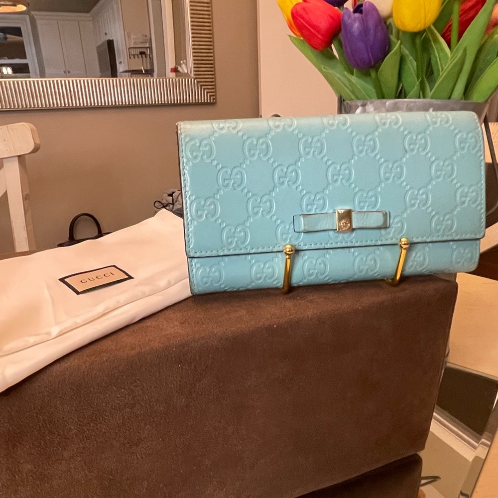 Light Aqua Gucci Leather Long Wallet Embossed Guccissimo